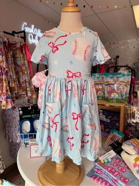 Mila and Rose Grand Slam Light Blue Baseball Bow Pocket Dress Size 7/8 New